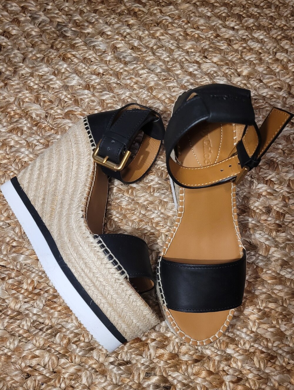 See by Chloé Glyn Black Leather Espadrille Wedge Platform Sandals EU 36 US 6
